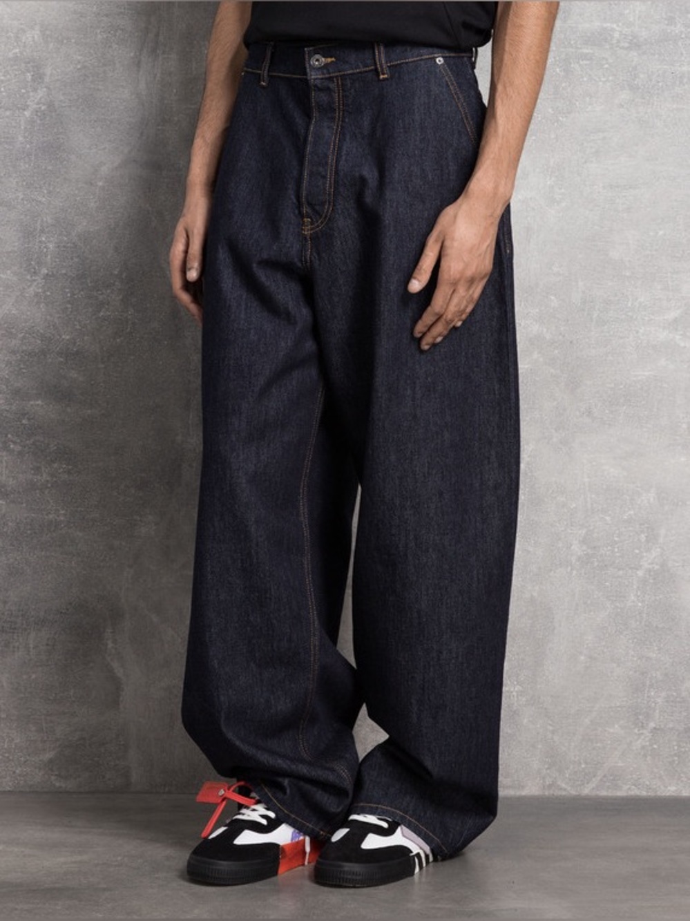 Off-White Wave Off Wide-Leg Tapered Jeans Raw Indigo Yellow Size 34 NWT